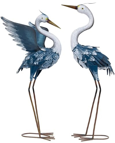 TERESA'S COLLECTIONS Gartendeko für draußen, Fischreiher Metall Kraniche Gartenfiguren für Teich 2er Set 66/63cm große Vogel Kranich im Rost-Optik Dekofiguren Fischteich, Muttertagsgeschenk(Blau)
