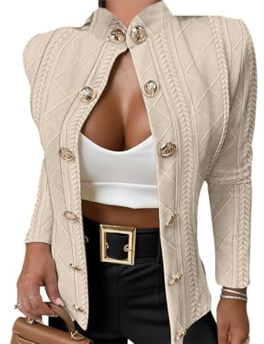 CHICME Women Argyle Cable Cardigan Casual Lightweight Cropped Coat Stand Collar Long Sleeve Metal Button Front Fall Jackets Light Khaki-S