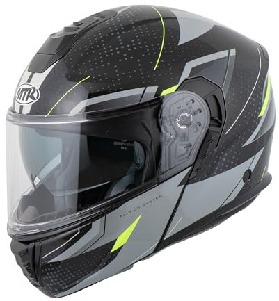 MTR K-4 Evo Klapphelm, als Jethelm & Integralhelm ECE 22.06 Geprüft, Motorradhelm mit Sonnenvisier, Mopedhelm mit Komfort-Innenfutter, Motorradhelm Herren & Damen, Fusion Grau/Neongelb, S