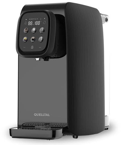 Quelltal Sistema de ósmosis Pro 5 en 1 [Negro | 6 niveles de temperatura | 5 niveles de filtrado | Filtro de agua móvil sin conexión - Ósmosis inversa para cocina, oficina y autocaravana - Agua