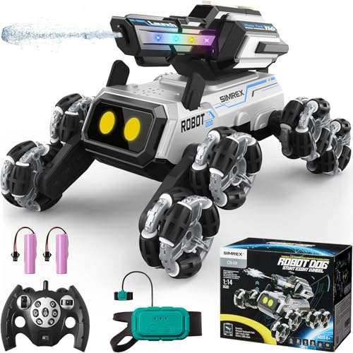 SIMREX Perro Robot RC – Control por Gestos, Acrobacias, Ojos LED, Ruedas Mecanum, Sonidos, Luces RGB y Torre de Agua. Ideal para niños