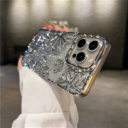 VVW&LIU For iPhone 15 Pro Max Flash Glitter Flowers Plating Frame Phone Case For iPhone 11 12 13 14 15 16 Soft Protective Cover,Silver Plating Case,For iPhone 12 Pro