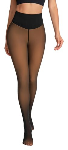 oufali One-Seam Fleece Lined Tights for Women Fake Sheer Thermal Leggings with Tummy Control & Butt Lifting Design, Tan, M-L