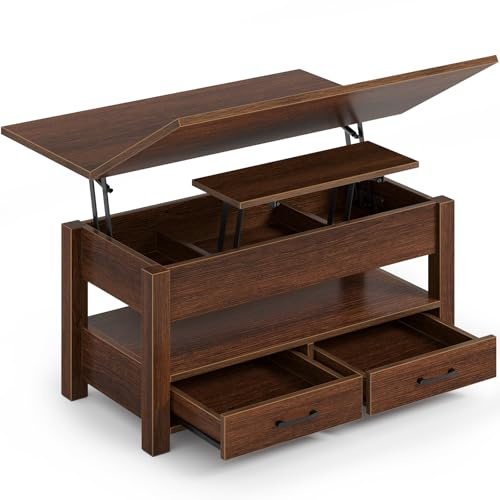 Rolanstar Couchtisch Höhenverstellbar, Wohnzimmertisch mit Schublade & verstecktem Fach, Kaffeetisch umwandelbar in Esstisch, 100 x 50 cm Sofatisch aus Holz, braun