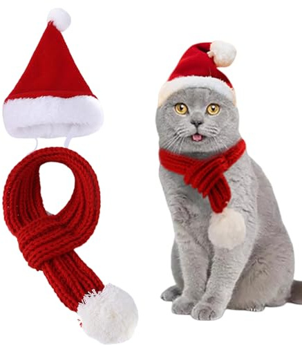 AYNKH Ensemble Bonnet et écharpe de Noël pour Animaux de Compagnie, Cache-Cou tricoté Fantaisie pour l'hiver avec Pompon, Costume de Noël pour Chats et Chiens, fête du Nouvel