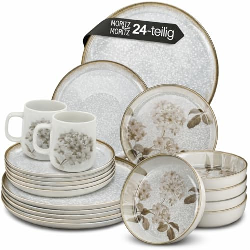 Moritz & Moritz BLOSSOM - Servizio da tavola in porcellana per 6 persone, 24 pezzi, servizio da tavola moderno con design giocoso, facile da pulire, con set di piatti, ciotole e tazze, servizio