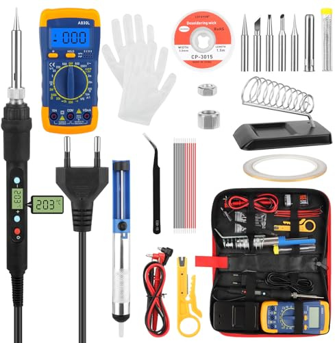 JOPHEK Fer à Souder Kit, Fer a Souder Etain Temperature Réglable 200~480℃, 60W Fer a Souder Electronique de Precision Kit, 5 Conseils de Soudage avec Interrupteur ON/OFF
