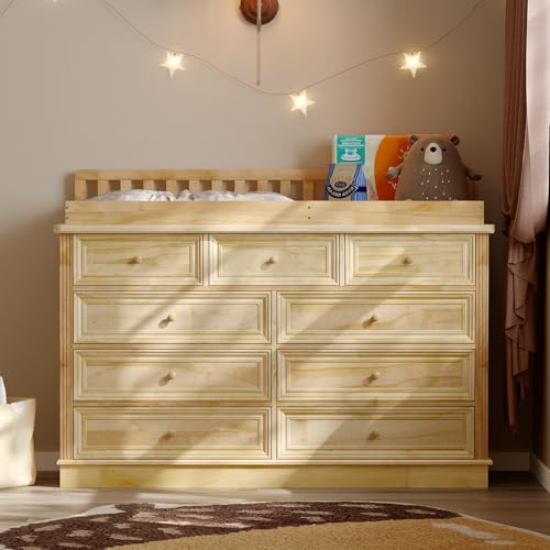 Table à Langer Bébé avec 9 tiroirs Commode à Langer en Bois pin Plan à langer Enfant Meuble Bébé Tables à Langer pour une Chambre d'enfant Bois pin 134x48x102cm
