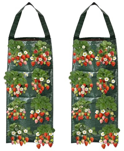 Minfuerang 2 Piezas Bolsas para Plantar Fresas, Bolsa Colgante para Plantar con 8 Agujeros, Bolsas de Cultivo para Fresas,Tomates,Verduras y Flores (60 * 25)