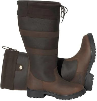 Rhinegold ELITE BROOKLYN LEATHER COUNTRY BOOTS, 3 UK Wide Fit – Durable Unisex Waxy Leather Boots with Faux Suede Cuff & Drawstring – Non-Slip Rubber Sole for Yard, Country & Everyday Wear