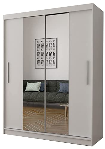 Fabryka Mebli Idźczak Kleiderschrank mit Spiegel, Schiebetüren - Weißer Schwebetürenschrank, Schlafzimmerschrank - 61 x 150 x 200 cm - Schrank für Schlafzimmer, Ankleidezimmer, Garderobe