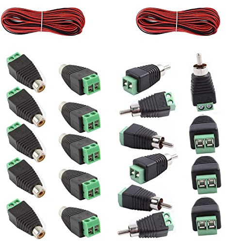RUNCCI-YUN 20Pcs RCA Stecker Buchse Adapter Set (10X Stecker / 10X Buchse auf 2-Pin Terminal-Block) DC Cinch-Anschluss für Audio-, Videokabel, CCTV-Kamera, Lautsprecher