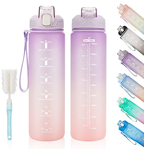 YC Kitchen Motivational Water Bottle with Time Marker- 32oz Water Bottles with Times to Drink, Leakproof & BPA Free Sports Water Bottle with Straw & Carry Strap for Fitness, Gym, and Outdoor Sports