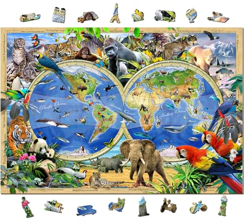WOODEN.CITY Holzpuzzle 1000 Teile: Karte des Tierreichs von Howard Robinson - Perfektes Partner Geschenke oder Geschenke für Frauen - 51,9 x 37,5 cm - Hobby für Erwachsene und Kinder