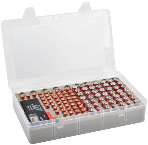 Againmore Battery Storage Organizer Box with Battery Tester, Garage Caddy Case Holder Container Holds 120+ Batteries AA AAA Lithium 3V CR123 LR44 CR2016 CR1632 CR2032 CR2025 (Batteries Not Include)