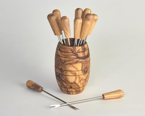Pack 12 Pinchos Grandes 15 cm Para Caracoles Barbacoa Tenedor Fondue Madera Olivo Acero Inoxidable Con Barrilete de Olivo Soporte