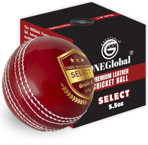 ONEGlobal Select Leather Cricket Ball | 100% Handcrafted, 156g - 5.5oz, 4-Piece Construction | Ideal for T20, Net Practice, Training etc. (Red, 1 Pack)