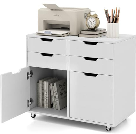 COSTWAY Rollcontainer mit 4 Schubladen und 2 Türen, Aktenschrank mit Rollen, Druckerständer, Büroschrank für Dokumente in DIN A4-, Letter-Format, Legal-Format, Weiß