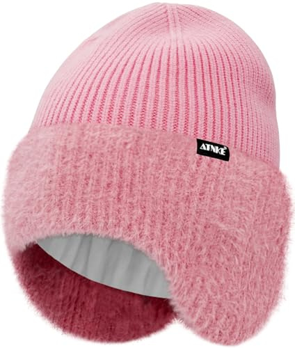 ATNKE Stickad mössa med öronskydd för män och kvinnor, stretchig tjock varm fleece foder dagligt vintermjukt ullslag dött huvud keps gåvor, rosa, One size