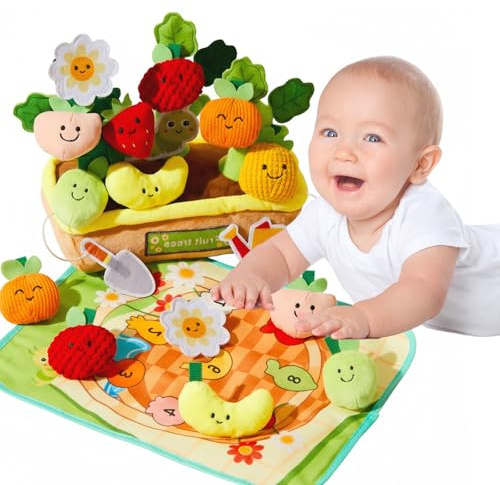 Cioquli Baby Spielzeug 6 Monate, 10PCS Obst Plüschtier Set, Montessori Spielzeug ab 6 Monate mit Rasseln, Spielmatte, Fördert Sensorik & Motorik, Geschenk für Spielzeug ab 6 Monate
