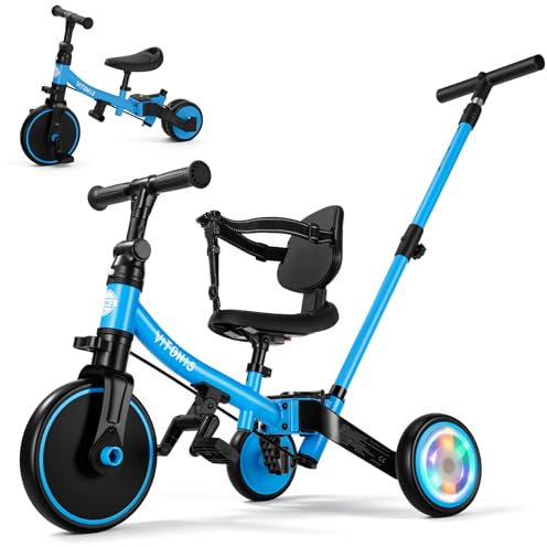 VITONIS Tricycle 5 en 1 pour Enfants de 18 Mois à 3 Ans, avec Roues Clignotantes, Tricycle avec Barre de poussée, Dossier et Ceinture de sécurité, Cadeau, vélo sans pédales, Bleu