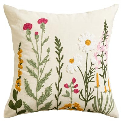 Artoid Mode Housse de coussin antique aux herbes sauvages et fleurs de printemps, broderie de chaîne de saison d’été, 45x45 cm, décoration pour canapé et salon