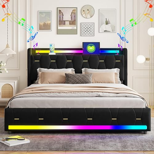 XMETPR Letto Imbottito 5-in-1 140x200cm con Altoparlante Bluetooth, Stazione di Ricarica USB/Type-C, Luci LED, 4 Cassetti per Riporre & Stecche in Legno, Letto in Velluto, Nero