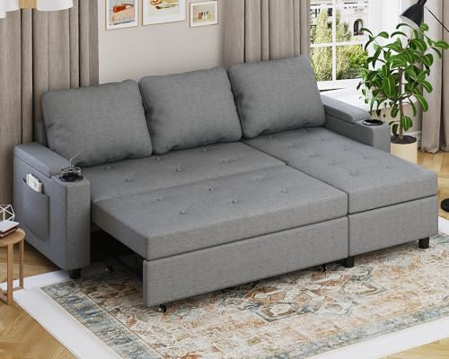 Devoko L-Shaped Sofa,Cornor Sofa Bed with Storage,Pull out Sofa Beds 3 Seater Modern Convertible Sectional Sleeper Sofa for Living Room,Bedroom,Light Grey