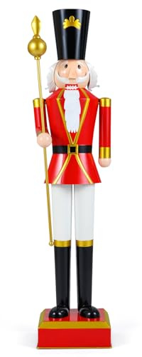 COSTWAY 83cm/122cm Christmas Nutcracker, Metal Xmas Nutcracker Figure with High Hat, Beautiful Scepter, Uniform, Boots and Square Base, Indoor Outdoor Festival Decoration (122 cm)