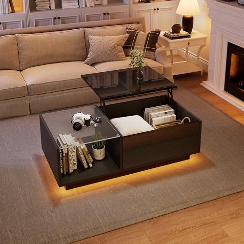 OKMYHOME Tavolo Basso - Tavolo da Salotto con Illuminazione LED e Stoccaggio Nascosto, Piano Regolabile in Altezza, MDF Nero, 100×50×33 cm