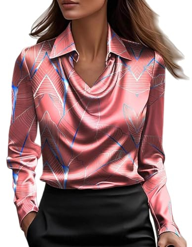 Camicia in Raso per Donna Camicia Seta Elegante Maglietta in Chiffon Classico Blusa in Raso da Lavoro a Maniche Lunghe Button Down Camicetta Ufficio Basic Sciolto Top Business Moda Ampia