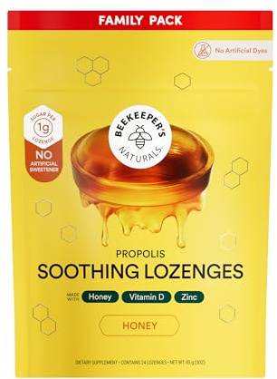 Beekeeper's Naturals Soothing Honey Cough Drops - Immune Support with Vitamin D, Zinc and Propolis Throat Soothing Lozenges, 24 Ct