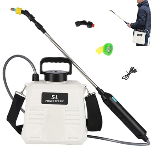 Porgeel Spruzzatore da Giardino Alimentato a Batteria 5L 360° Impermeabile Regolabile spruzzatore Elettrico Portatile con Manico telescopico Ricaricabile e Cinghia per Prato e Giardino
