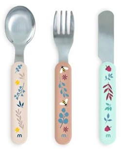 Miniland - Set di Posate per Bambino, Ergonomiche, in Acciaio Inox con Manici Senza BPA, Include Cucchiaio, Coltello e Forchetta (Dreamland)