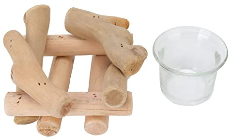 Portacandele Tealight in Legno Vintage, Semplice Rustico con Bicchiere di Vetro - Design Driftwood, Decorazione Casa e Supporto Candela Multifunzionale