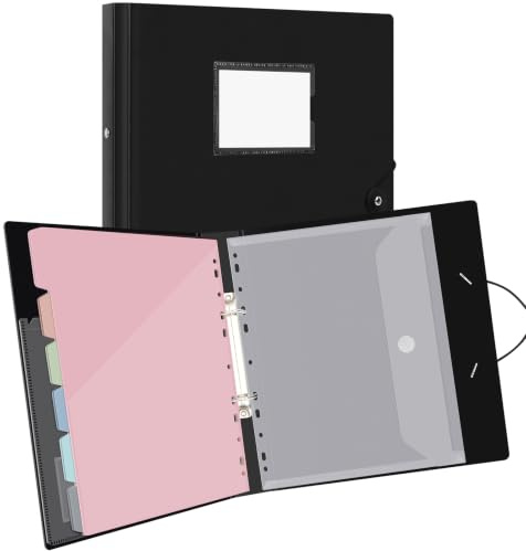 Organiseur de classeur A4 Uquelic avec 12 pochettes fendues perforées (Couleur Macaron) et 1 pochette à pression – Dossiers pour documents A4, Organiseur de dossiers pour bureau à domicile – Noir