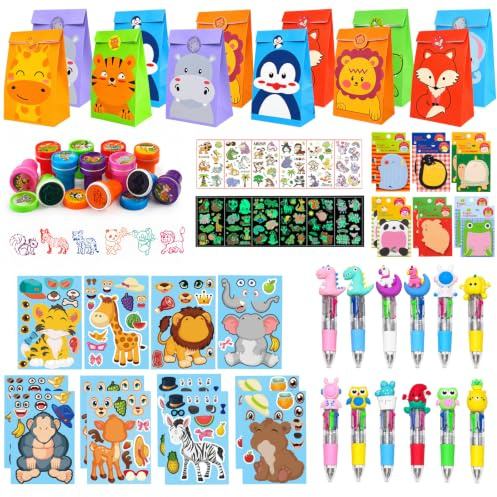 ARIEL-GXR Party Bags Fillers, Animals Party Bags, Party Favors Set with Mini Pens, Sticky Notes, Tattoo Stickers, Stampers, Goodie Bag Fillers for Birthday Gift