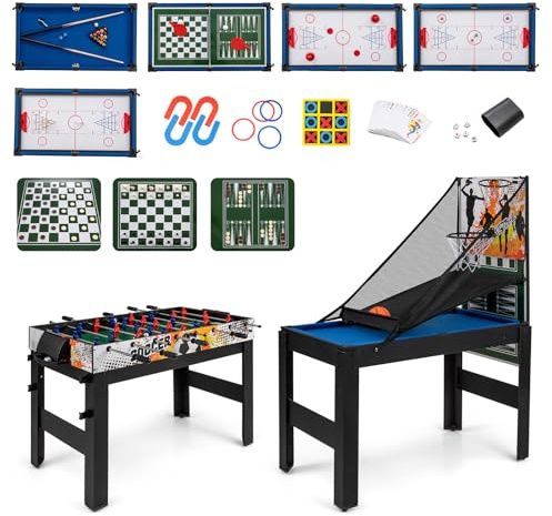 COSTWAY 15 in 1 Set da Tavolo da Gioco Combo, Tavolo Multigioco Basket Calcetto Hockey Biliardo Ping Pong Bowling Shuffleboard ecc, Set Combinato per Giochi Multipli (Stile 2 blu)