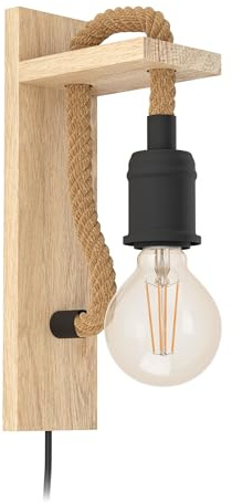 Eglo Lampada da parete Rampside, lampada vintage a 1 fiamma in stile industriale, spot da parete in acciaio e legno, colore nero e marrone, portalampada E27, con interruttore a cavo