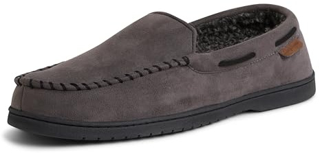 Dearfoams Men's Keaton Memory Foam Moccasin with Wide Widths Slipper, Pavement Microsuede, Large