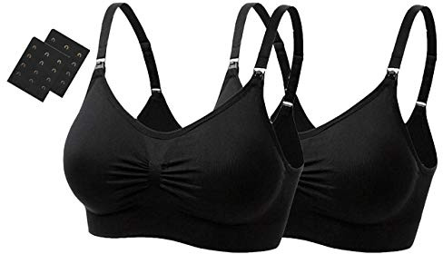 UtopyaUK 2/3 Pack Seamless Nursing Bra Maternity Padded Breastfeeding Drop Cup Sleep Comfort Crop Top Wireless with Free Bra Extenders, 2 Black, L