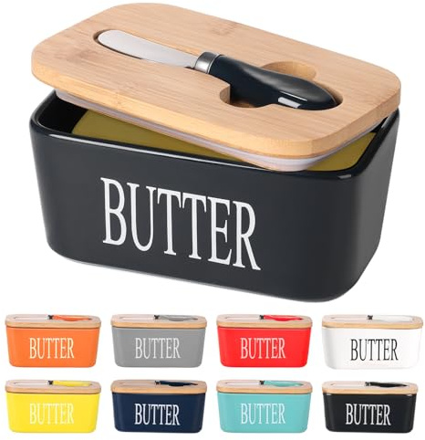 Lxmons Ceramic Butter Dish with Wooden Lid, Large Butters Container Keeper Storage with Stainless Steel Knife Spreader, Bamboo Cover and Silicone Sealing Ring for West East Coast, Black