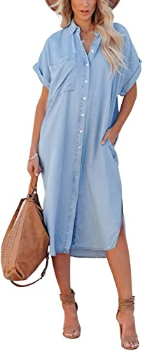 chouyatou Women's Summer Loose Hand Pocket Midi Long Tunic Denim Shirt Dress (Large, Light Blue)
