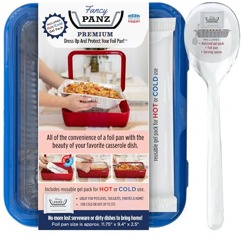 Fancy Panz - Denim Blue Premium Aluminum Foil Pan Carrier with Lid & Hot/Cold Pack - BPA Free, Made in the USA Elevated Food Serving Tray - Portable Casserole Carrier with Lid - Hosting Essentials
