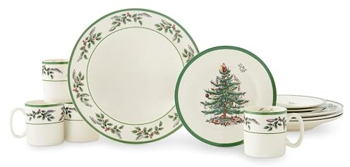Spode Christmas Tree 12-Piece Dinnerware Set (Service for 4) - Festive Holiday Tableware with Plates & Mugs - Fine Earthenware Christmas Dinnerware - Microwave & Dishwasher Safe
