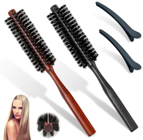 GZqiancang 2 spazzole rotonde, setole di cinghiale, spazzola rotonda portatile, setole naturali con 2 fermagli per capelli, frangia e barbe da uomo