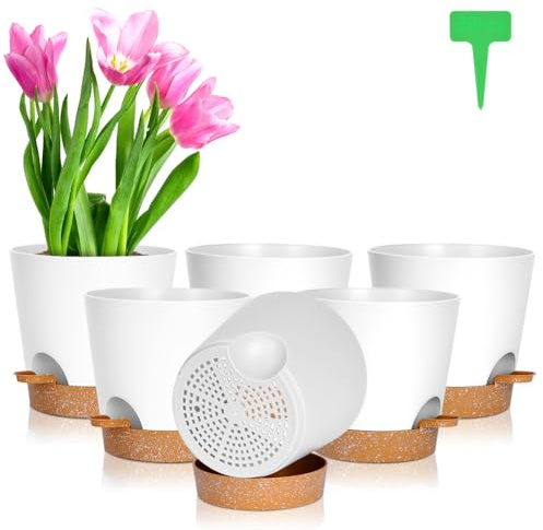 OFFCUP Vasi per Piante Autoirriganti, 6pcs Vasi da Fiori in Plastica, 16.5cm Vasi Decorativi Interno Moderni con Sottovasi per Casa e Ufficio, Vasi da Fiori per Piante, Erbe, Rose, Geraniums Bianco