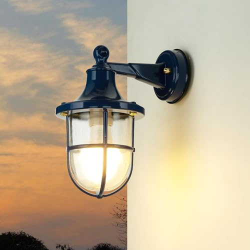 Licht-Erlebnisse Schiffsleuchte außen, Messing, Blau, Außenleuchte Wand Lampe maritim, nostalgisch, Rustikal, IP64, T:22 cm E27, Haus, Garten, Terrassenlampe