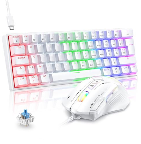 TECURS Ensemble Clavier et Souris Gamer Mécanique Filaire AZERTY, 60% Mini Clavier Souris Gaming Rétroéclairé USB, Souris Gamer RGB 7200 DPI pour PC PS5 Xbox Win, Switch Bleu, Anti-Ghosting, Blanc