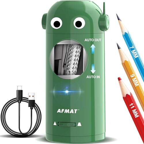AFMAT Electric Pencil Sharpener for Colored Pencils 7-11.5mm,Auto in&Out,Robot Fully Automatic Rechargeable Pencil Sharpener with Container,for Large Pencils,Home,Classroom,Battery Operated,Green PSX5